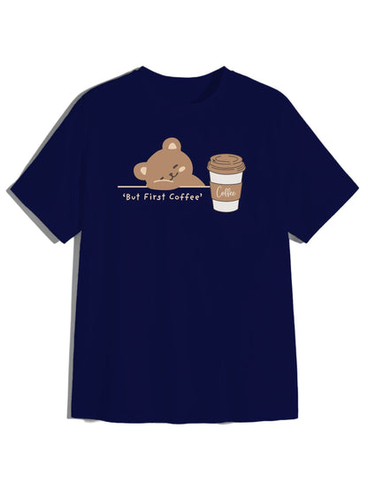 But First, Coffee Bear - Cozy Navy Blue Relaxed Fit T-Shirt